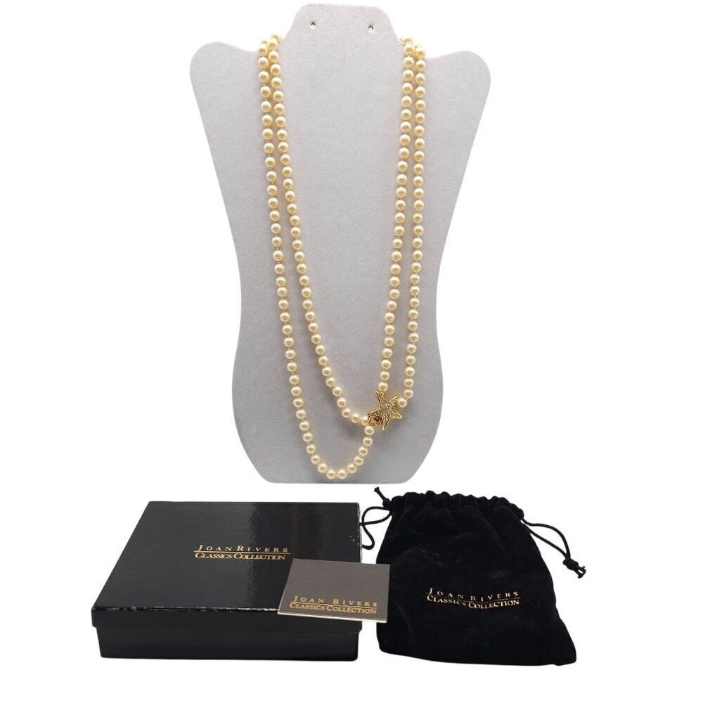 Retired JOAN RIVERS Pearl Necklace Double Strand Rhinestone Pave Star Clasp 28"